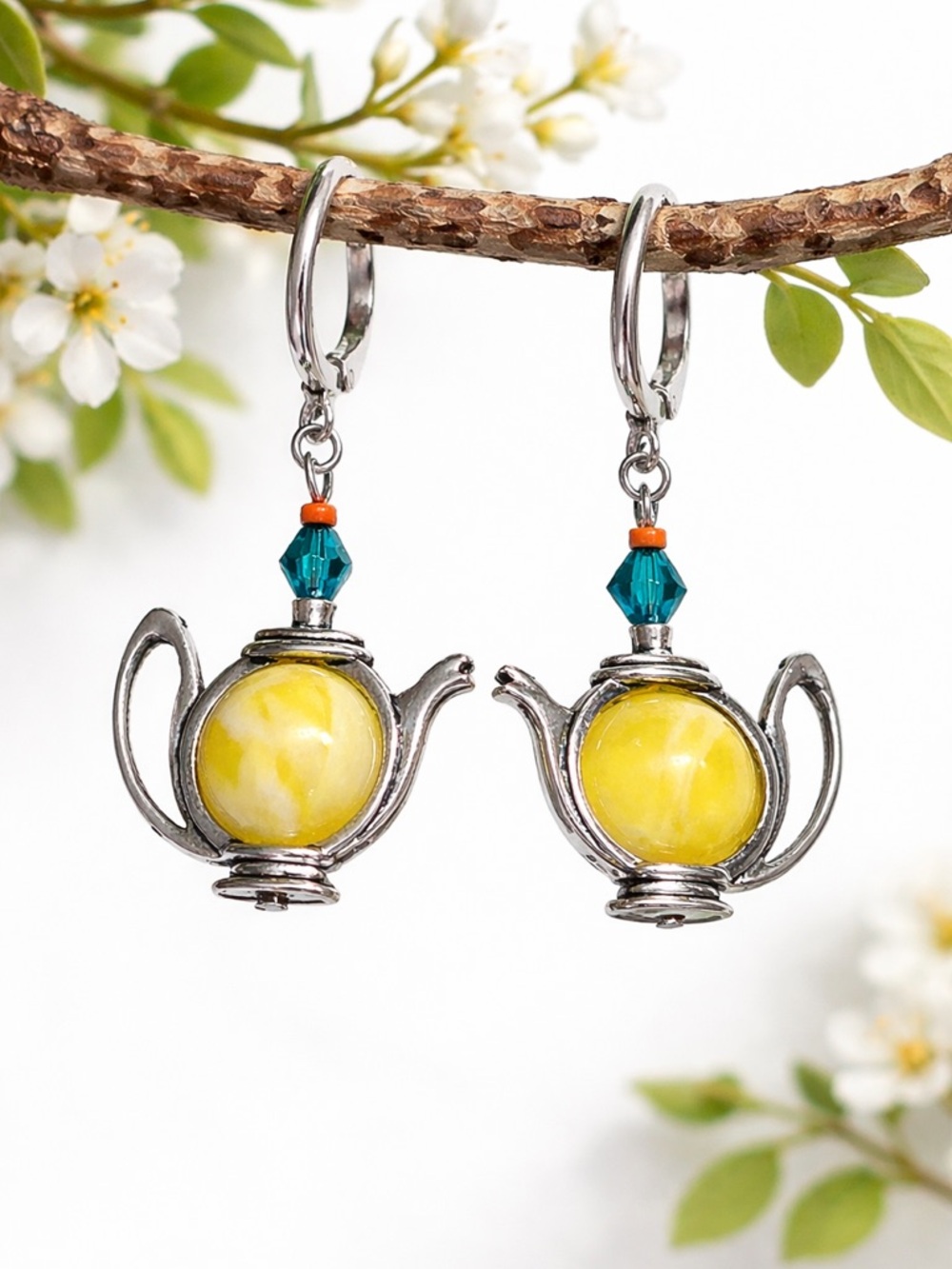 Handmade Antique Silver Teapot Earrings Whimsical Dangle Jewelry with Beads, MTO